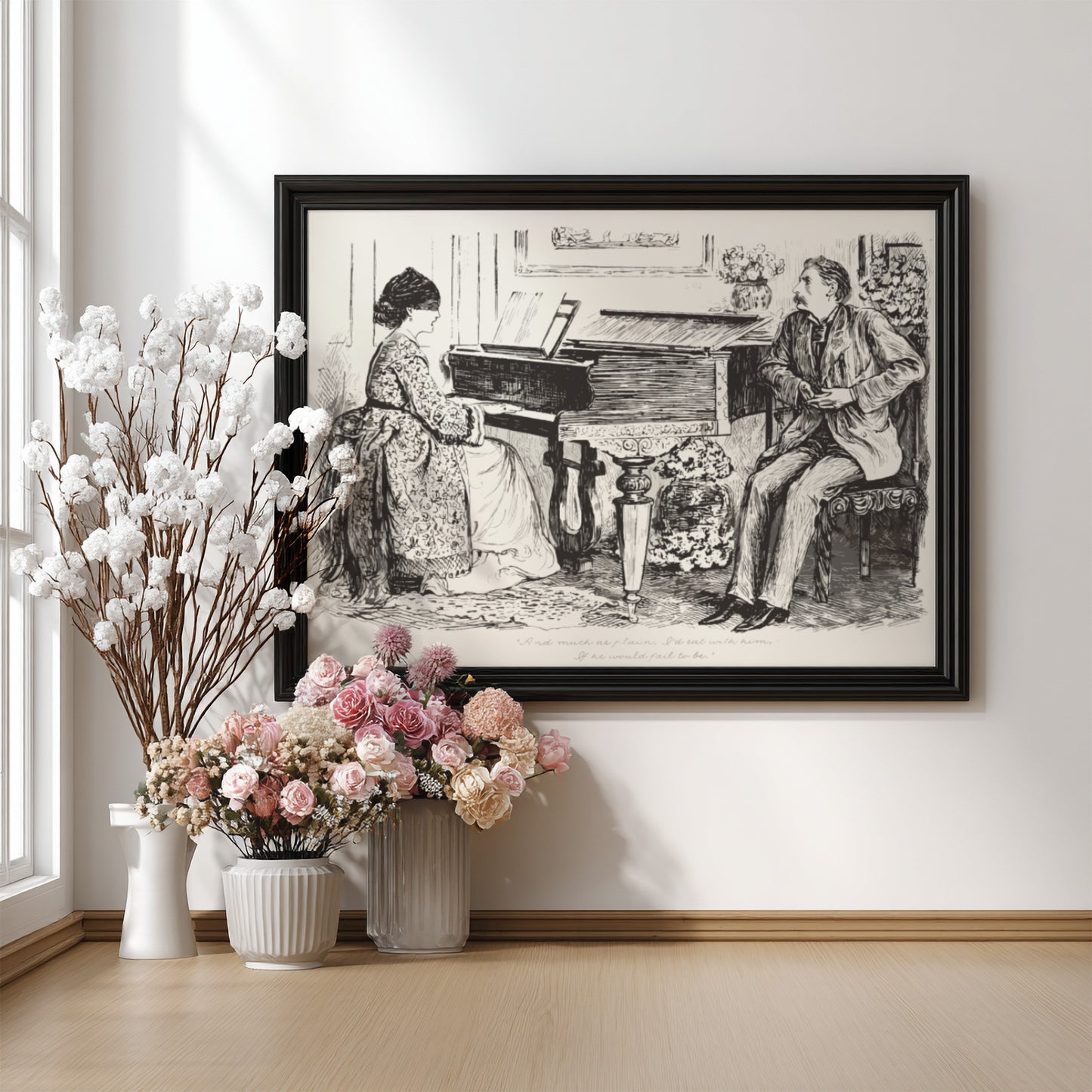 George du Maurier's "And Mist or Glim, I'd Sail with Him" vintage illustration of a woman at a piano and a