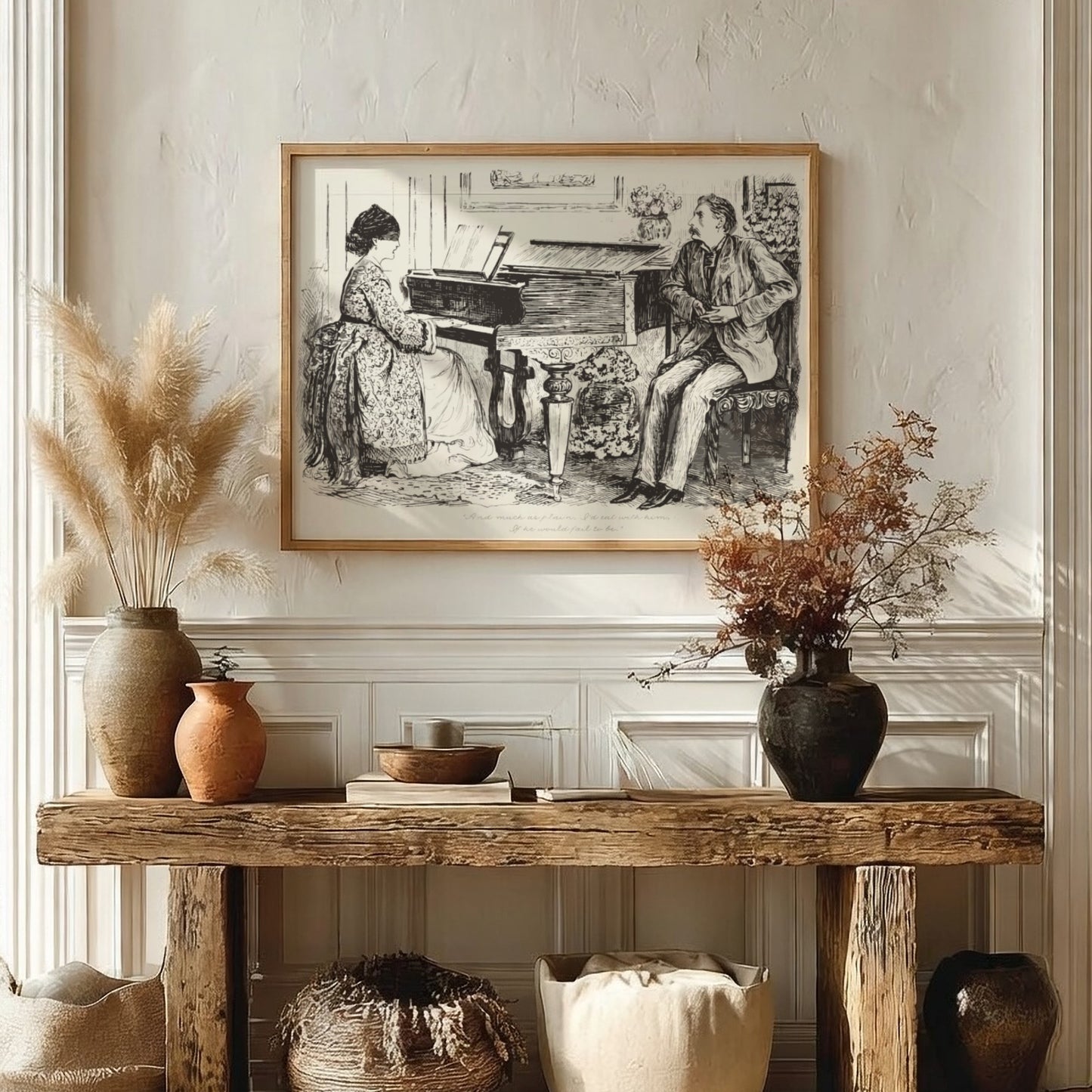 George du Maurier's "And Mist or Glim, I'd Sail with Him" vintage illustration of a woman at a piano and a