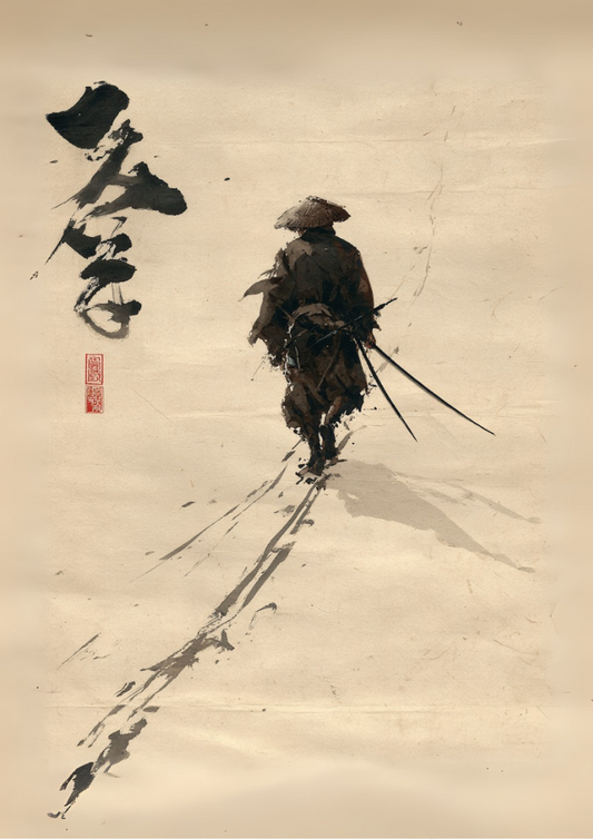 Traditional Japanese artwork of a samurai walking with a sword on a textured beige background