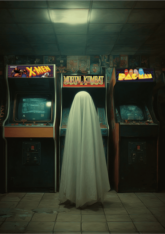 Arcade Ghost Poster – Retro Vaporwave Wall Art, 80s Neon Surreal Arcade Print