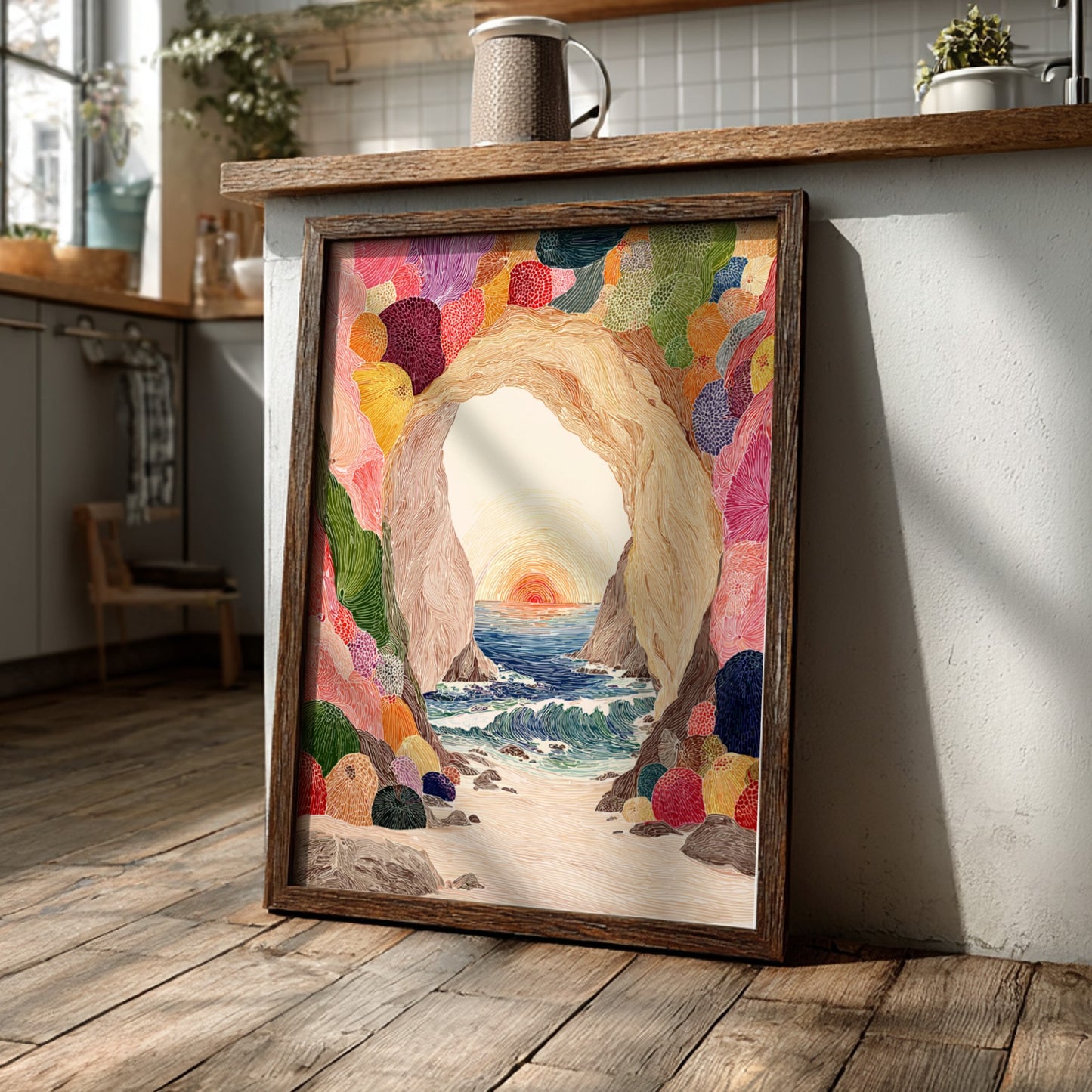 Tide Cave Sunset poster featuring a cave opening overlooking a colorful sunset over the ocean.