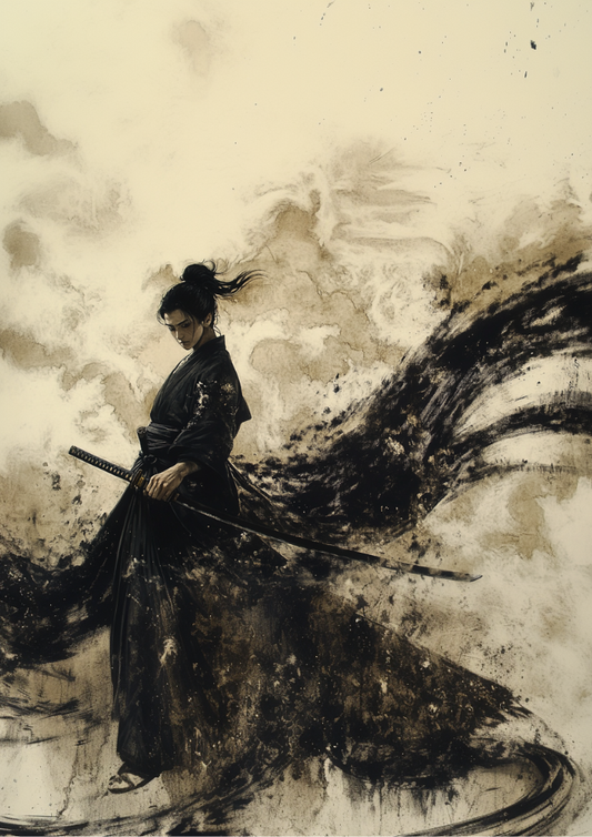 Artistic depiction of a figure in traditional attire with a sword against a textured background