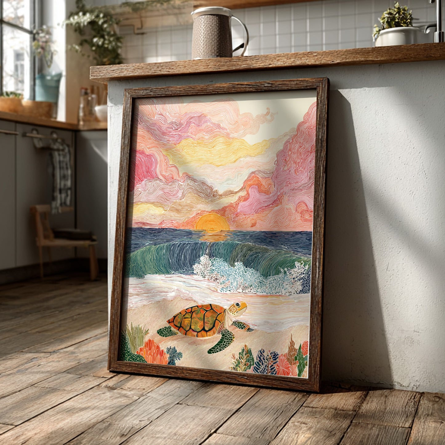 Poster of a sea turtle on a beach at sunrise, with colorful clouds and ocean waves.