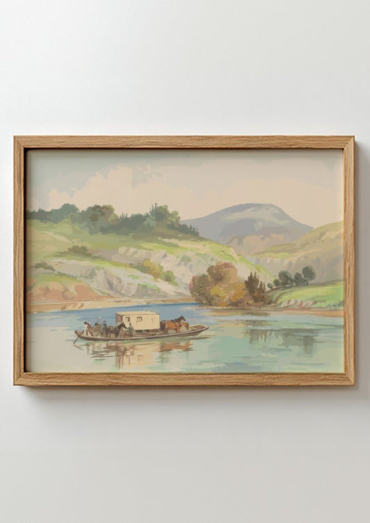 19th-century watercolor painting titled "Crossing the James River" depicting a ferry with horses and people