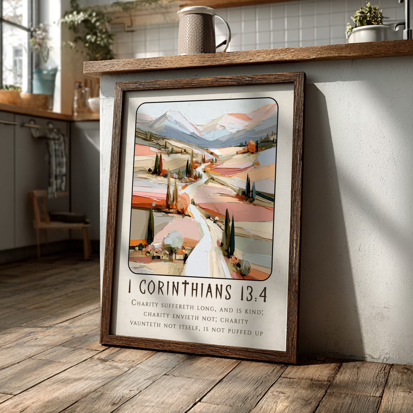 1 Corinthians 13:4 poster featuring a serene landscape in pastel colors, ideal for religious decor and