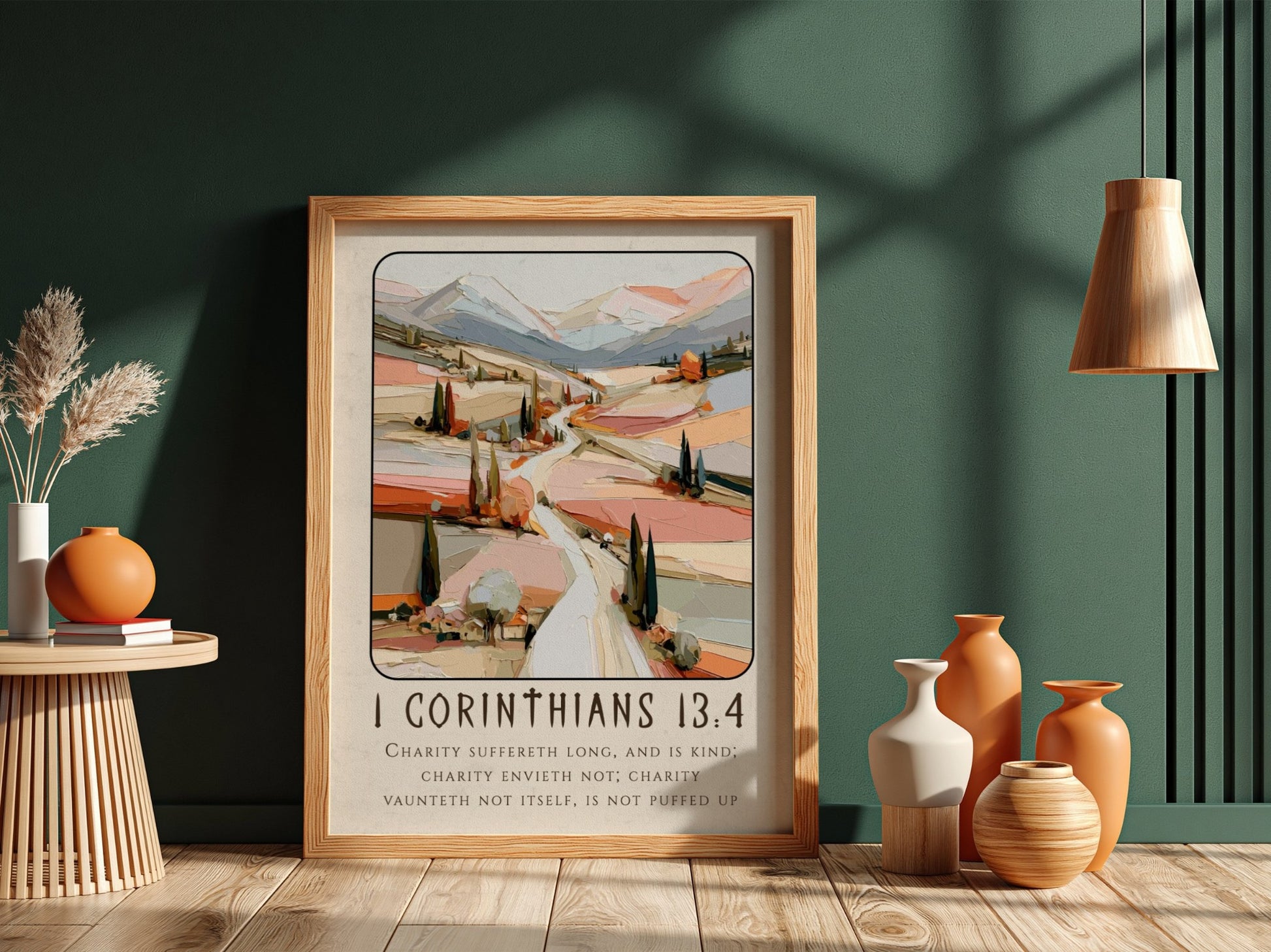 1 Corinthians 13:4 poster featuring a serene landscape in pastel colors, ideal for religious decor and