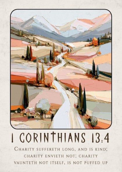 1 Corinthians 13:4 poster featuring a serene landscape in pastel colors, ideal for religious decor and