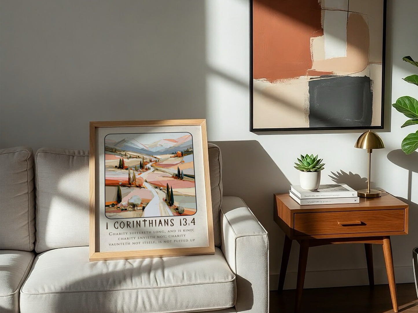 1 Corinthians 13:4 poster featuring a serene landscape in pastel colors, ideal for religious decor and