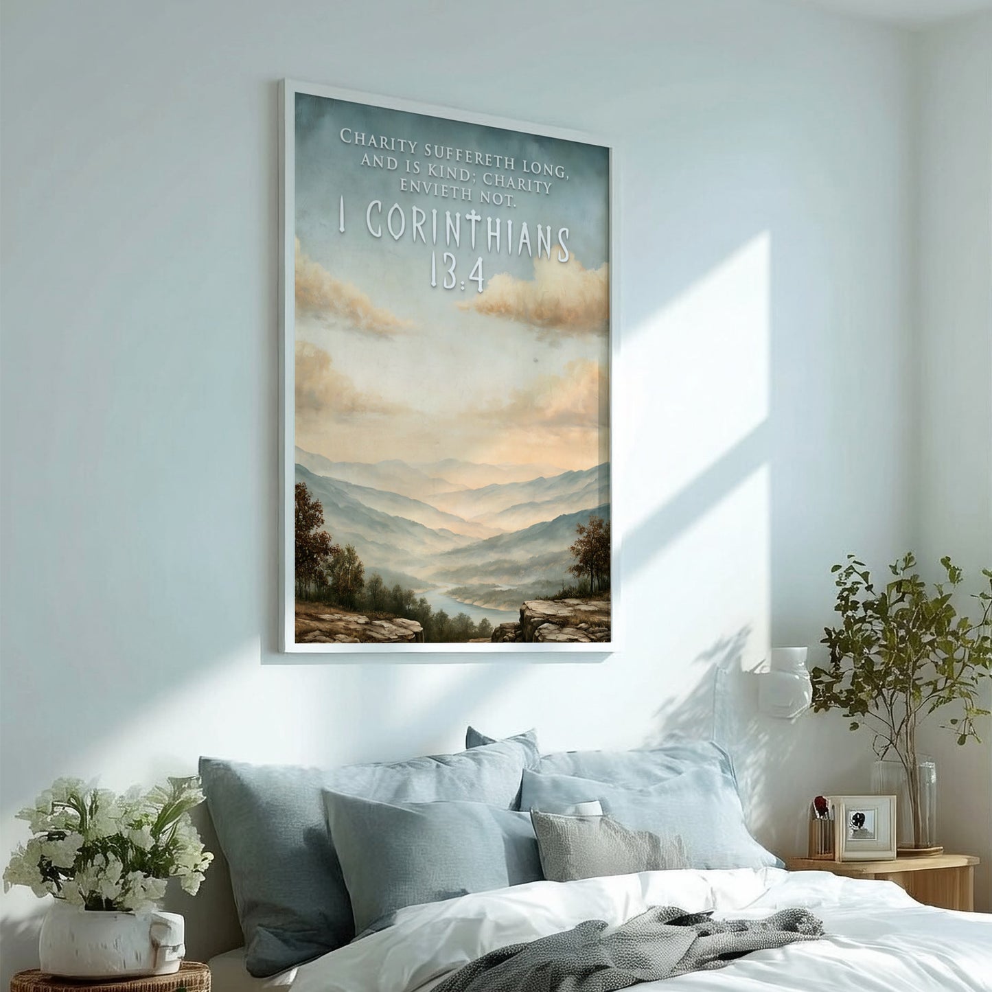 Poster featuring a serene mountain landscape with 1 Corinthians 13:4 text in soft colours