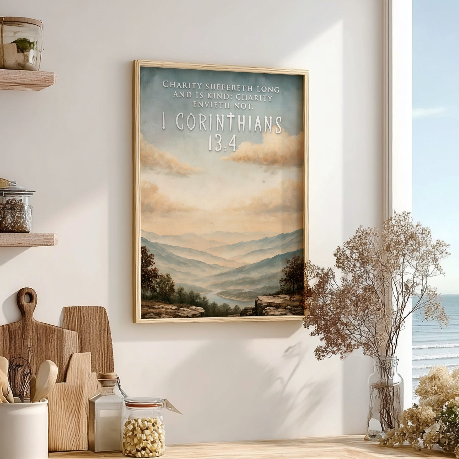 Poster featuring a serene mountain landscape with 1 Corinthians 13:4 text in soft colours