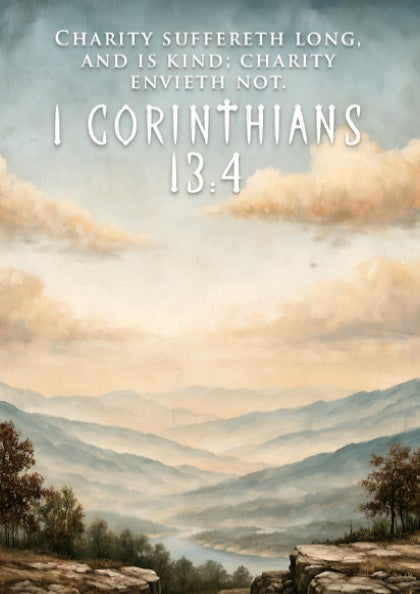 Poster featuring a serene mountain landscape with 1 Corinthians 13:4 text in soft colours