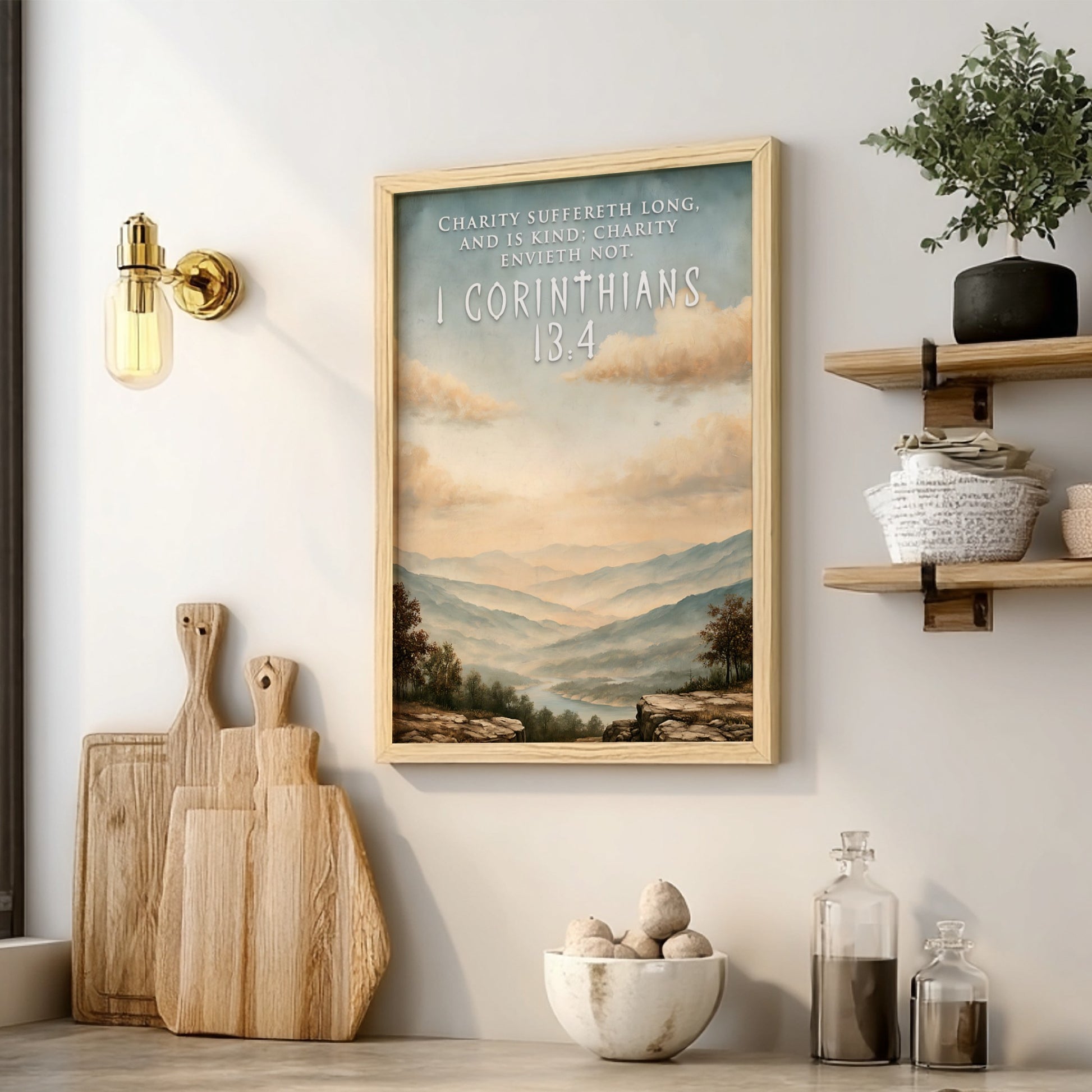 Poster featuring a serene mountain landscape with 1 Corinthians 13:4 text in soft colours