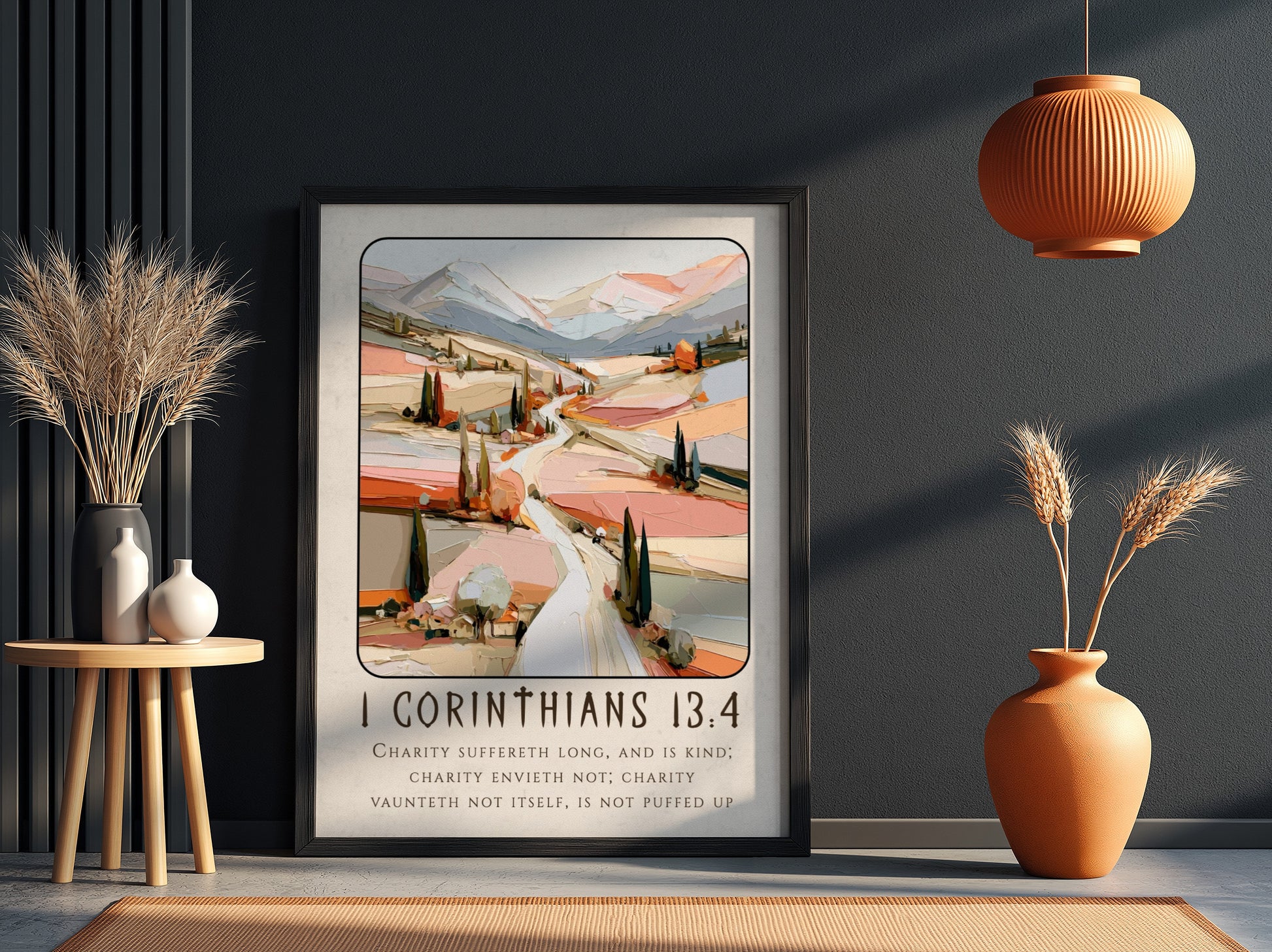 1 Corinthians 13:4 poster featuring a serene landscape in pastel colors, ideal for religious decor and