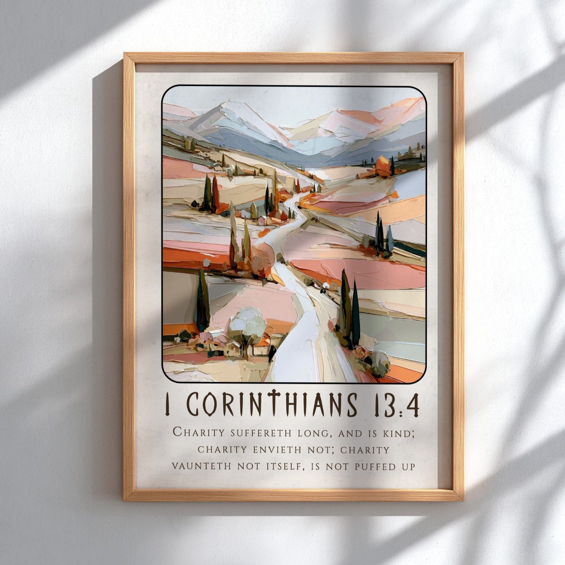 1 Corinthians 13:4 poster featuring a serene landscape in pastel colors, ideal for religious decor and