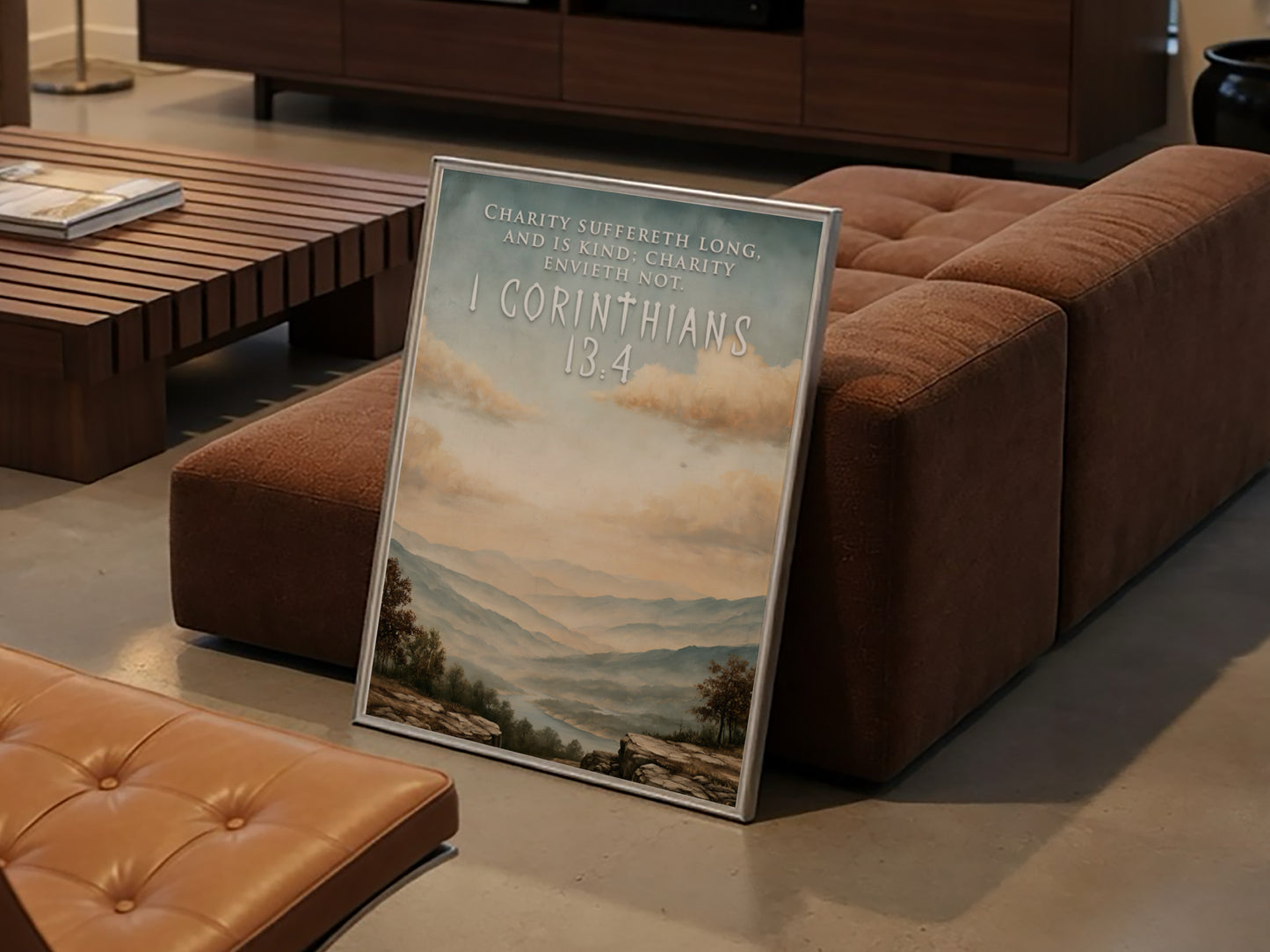 Poster featuring a serene mountain landscape with 1 Corinthians 13:4 text in soft colours