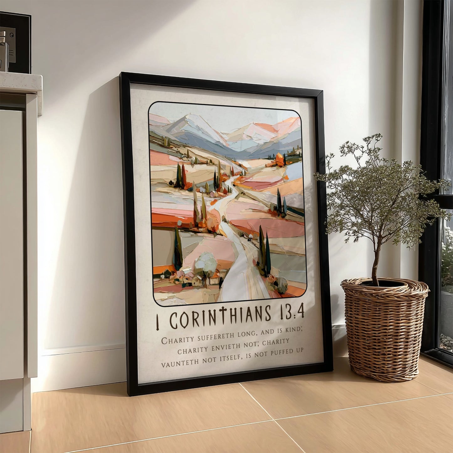 1 Corinthians 13:4 poster featuring a serene landscape in pastel colors, ideal for religious decor and