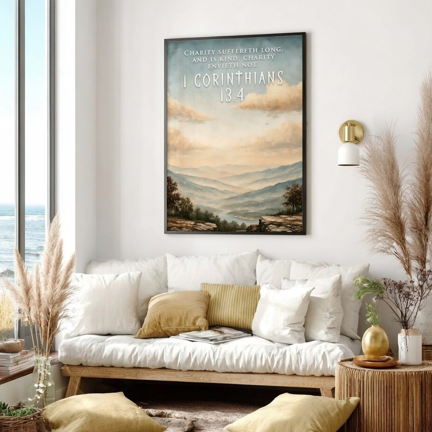 Poster featuring a serene mountain landscape with 1 Corinthians 13:4 text in soft colours