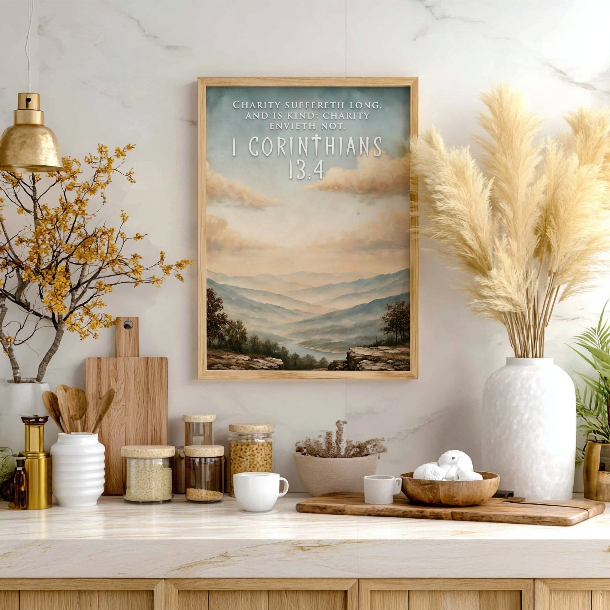 Poster featuring a serene mountain landscape with 1 Corinthians 13:4 text in soft colours