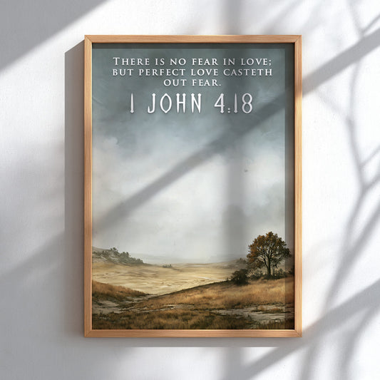Poster featuring a quiet golden field landscape with the 1 John 4:18 bible verse.