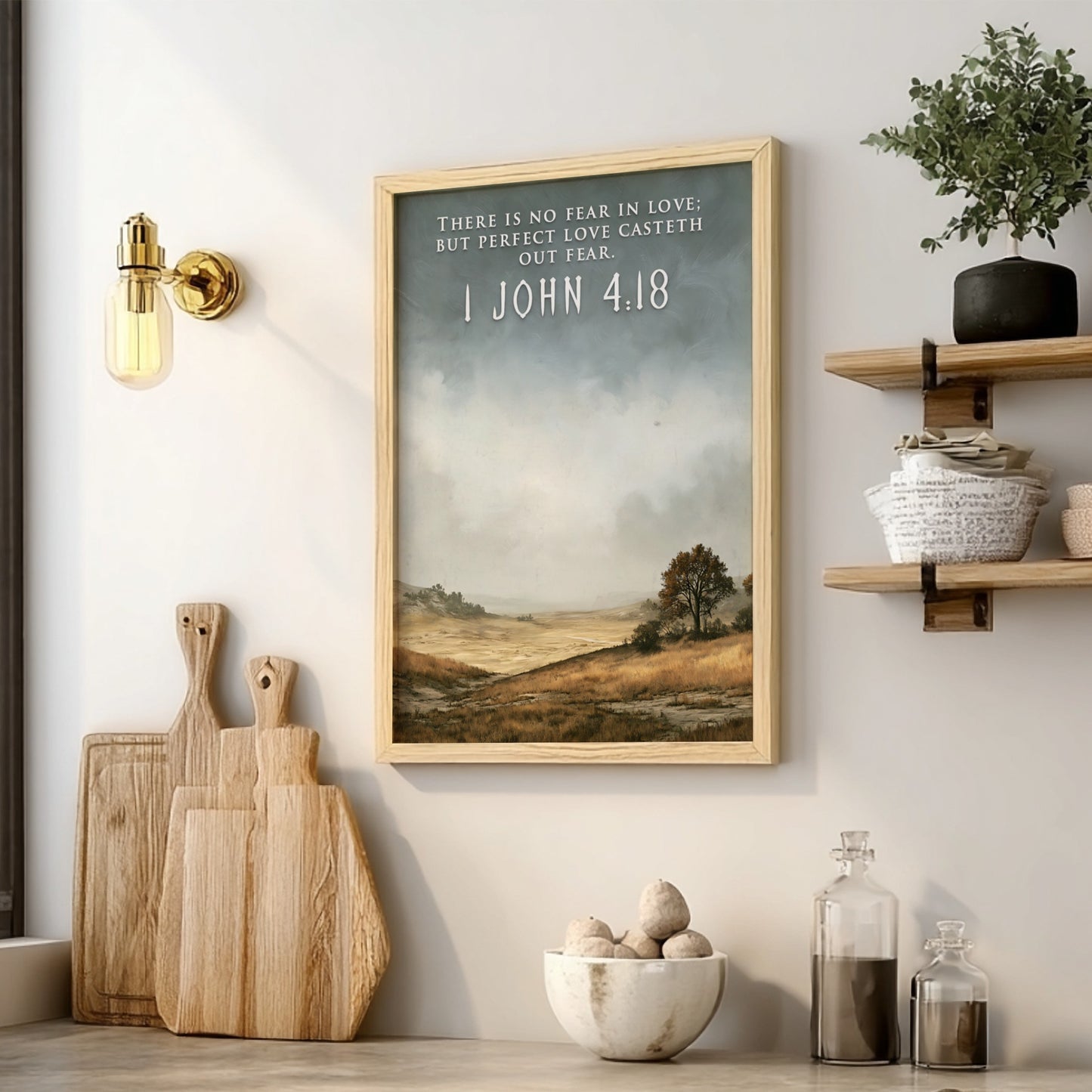Poster featuring a quiet golden field landscape with the 1 John 4:18 bible verse.
