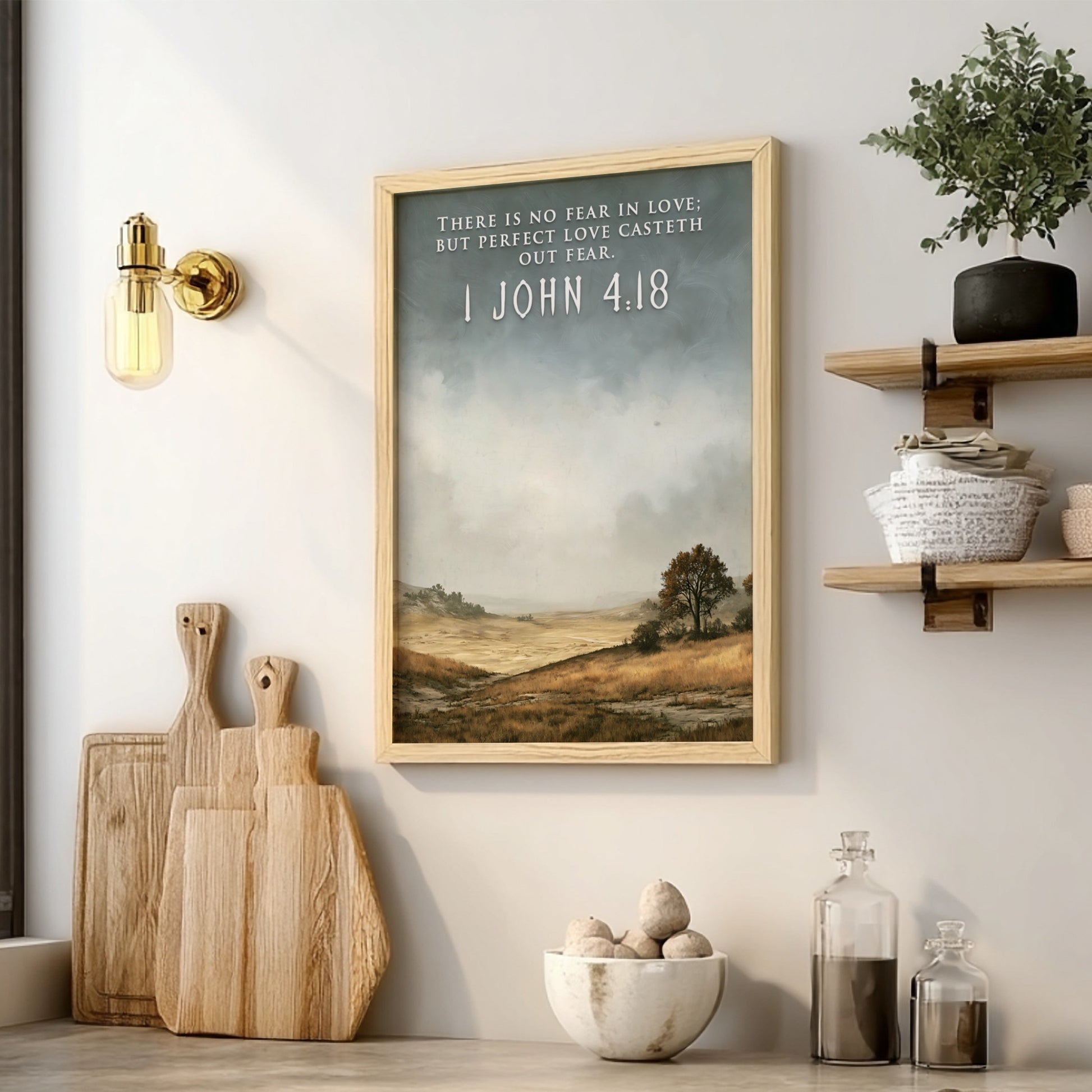 Poster featuring a quiet golden field landscape with the 1 John 4:18 bible verse.