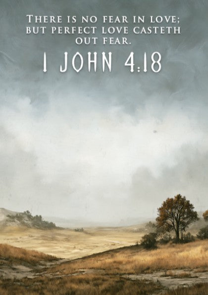 Poster featuring a quiet golden field landscape with the 1 John 4:18 bible verse.