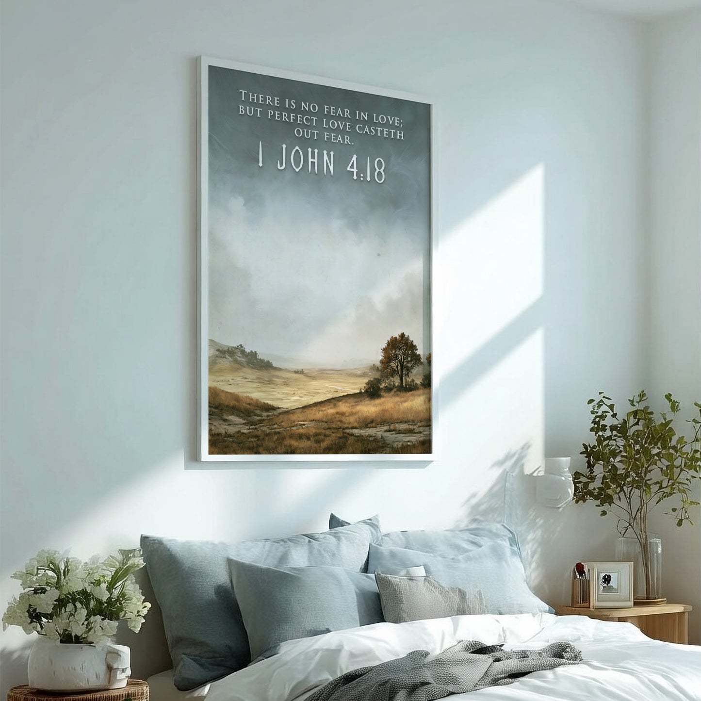 Poster featuring a quiet golden field landscape with the 1 John 4:18 bible verse.