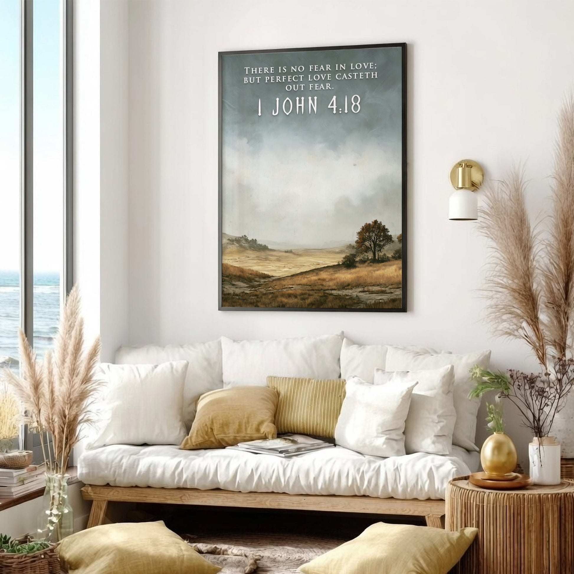 Poster featuring a quiet golden field landscape with the 1 John 4:18 bible verse.