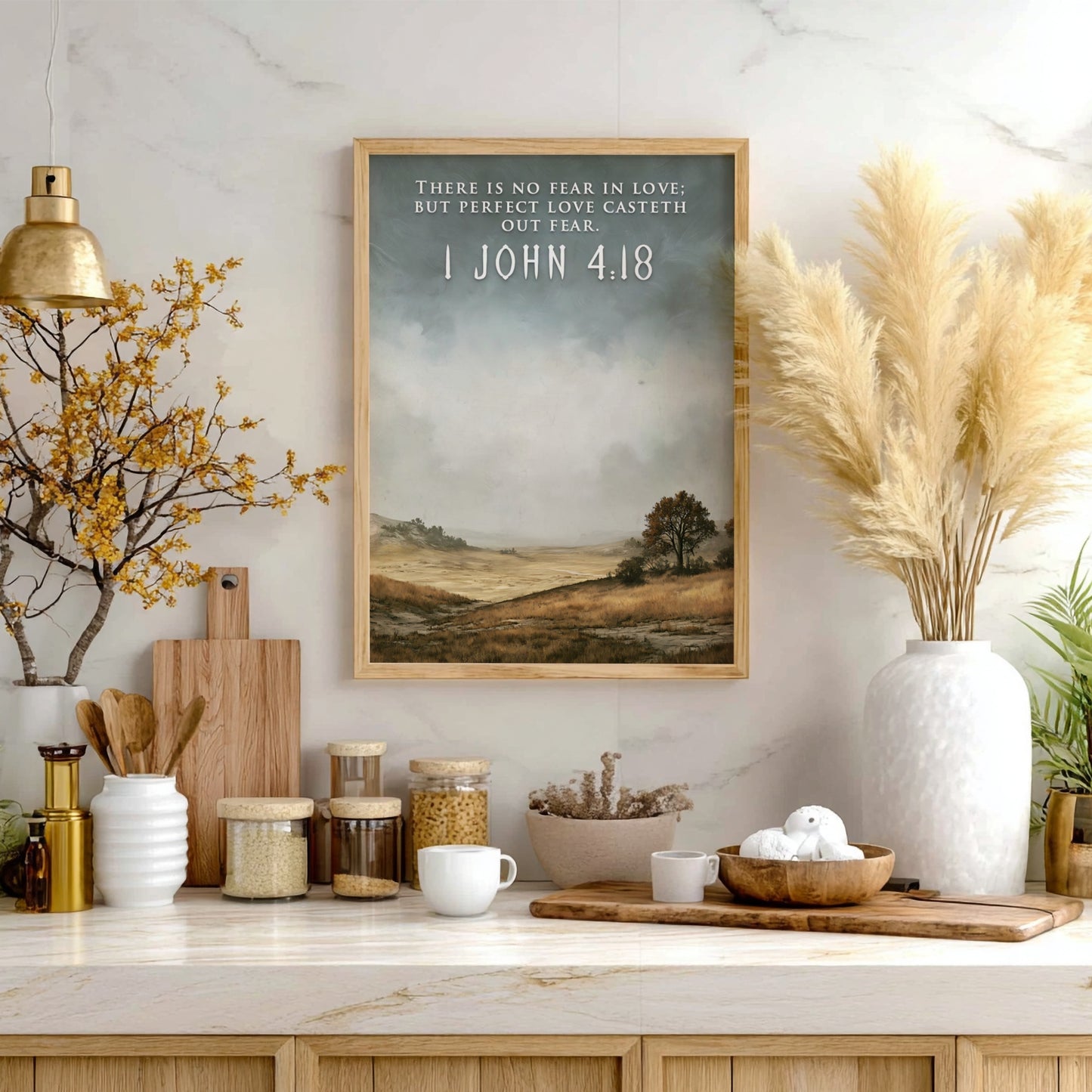 Poster featuring a quiet golden field landscape with the 1 John 4:18 bible verse.