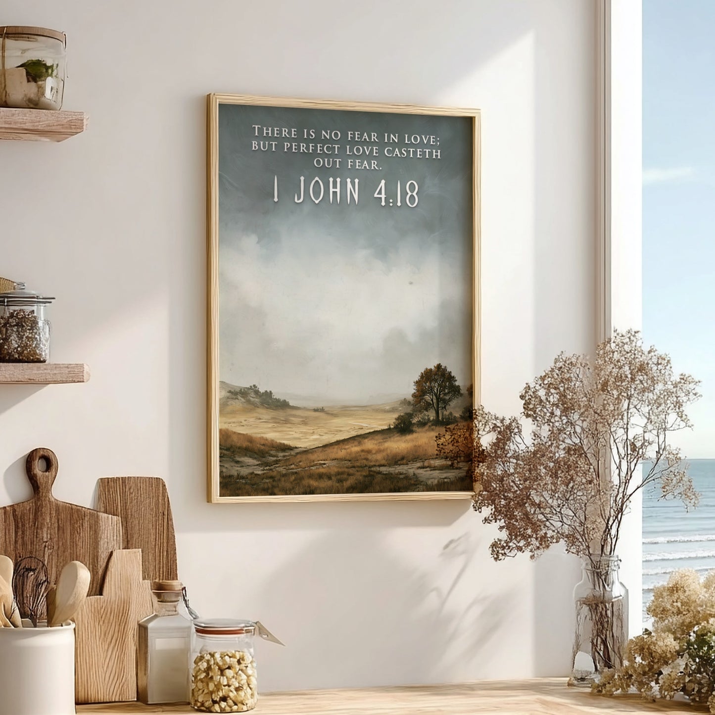 Poster featuring a quiet golden field landscape with the 1 John 4:18 bible verse.