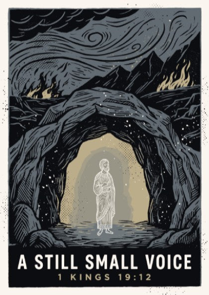 Poster featuring A Still Small Voice text with a figure standing in a cave.