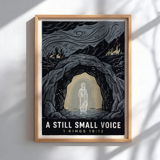 Poster featuring A Still Small Voice text with a figure standing in a cave.