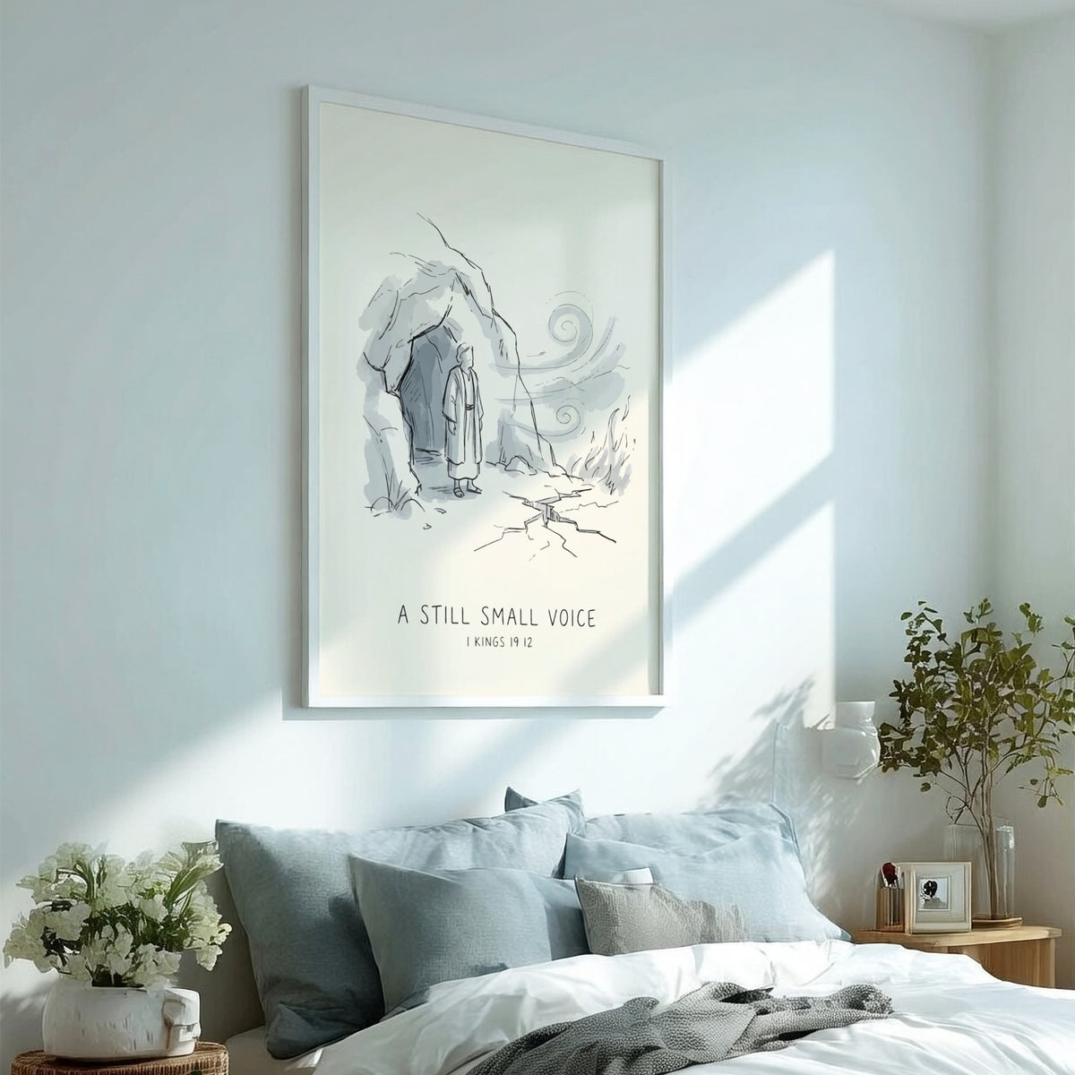 Poster featuring a sketch of a man standing in a cave with wind