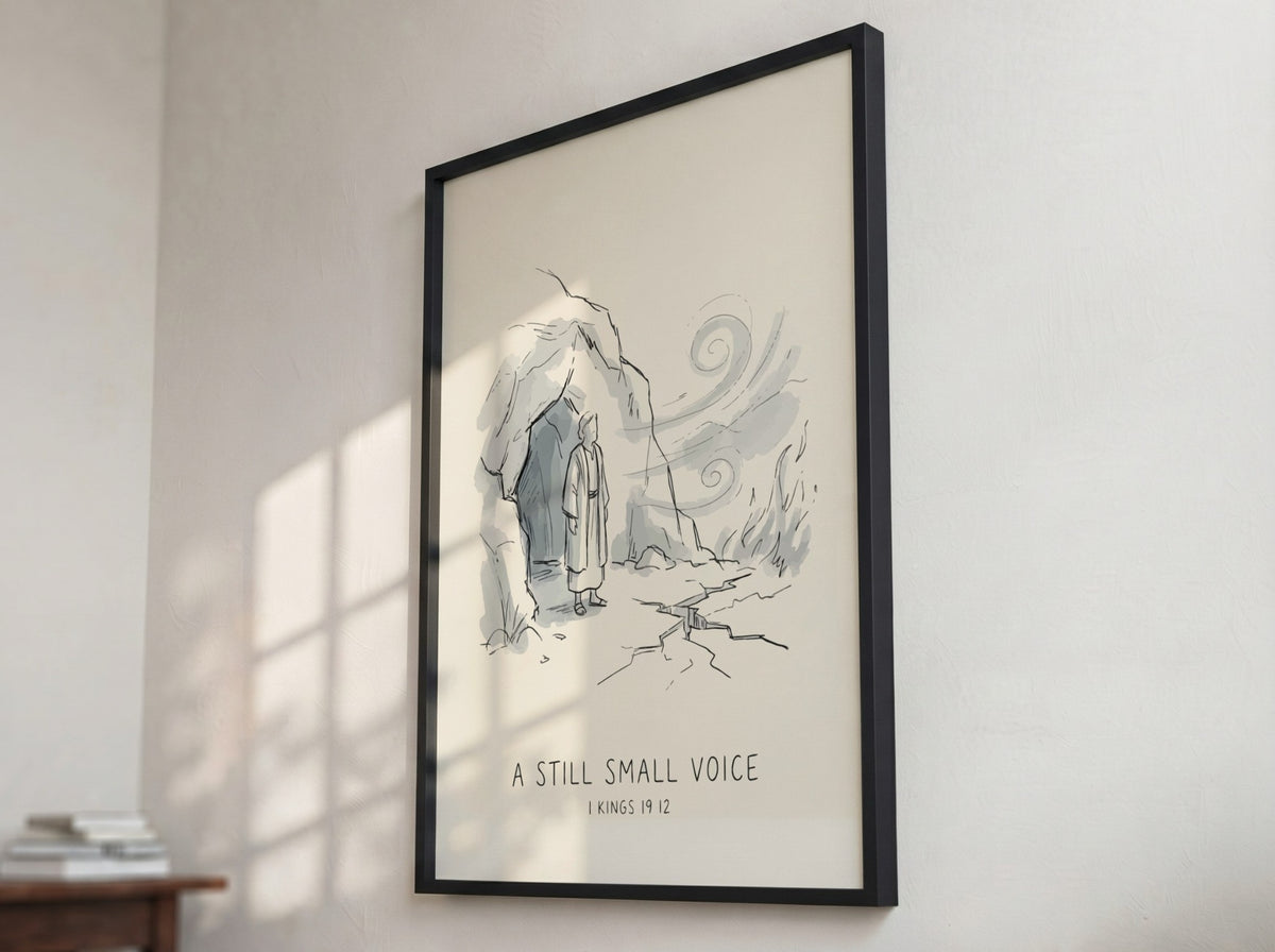 Poster featuring a sketch of a man standing in a cave with wind