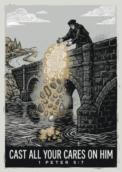 Poster featuring a woodcut illustration of a figure casting burdens from a stone bridge.