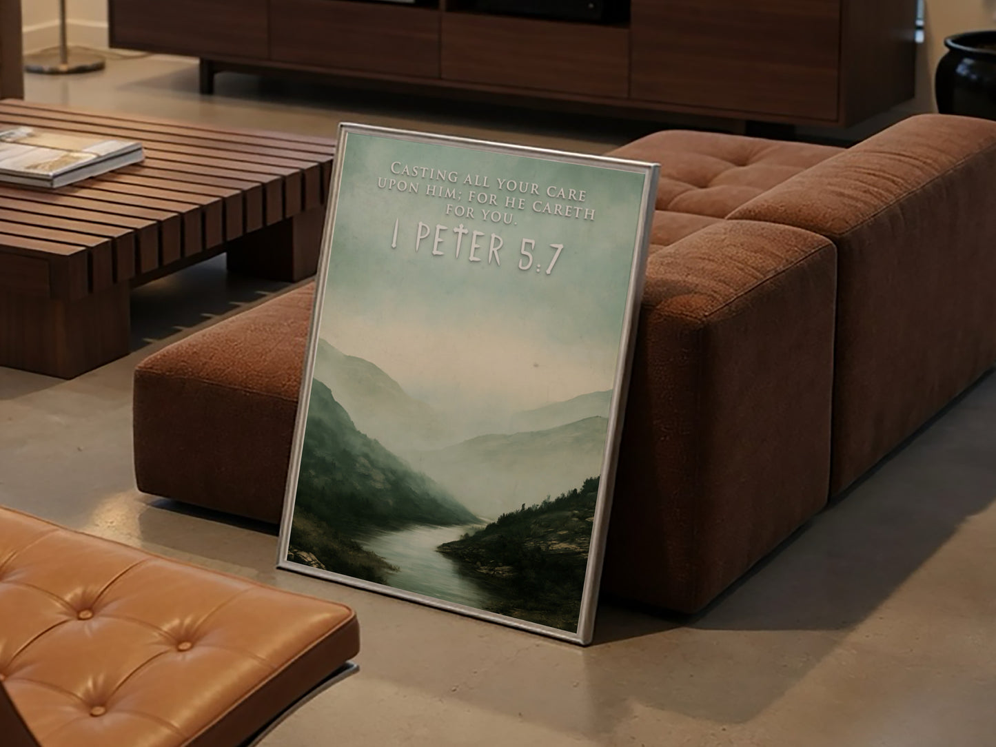 Poster featuring a misty mountain river landscape with the text 1 Peter 5:7 overlay