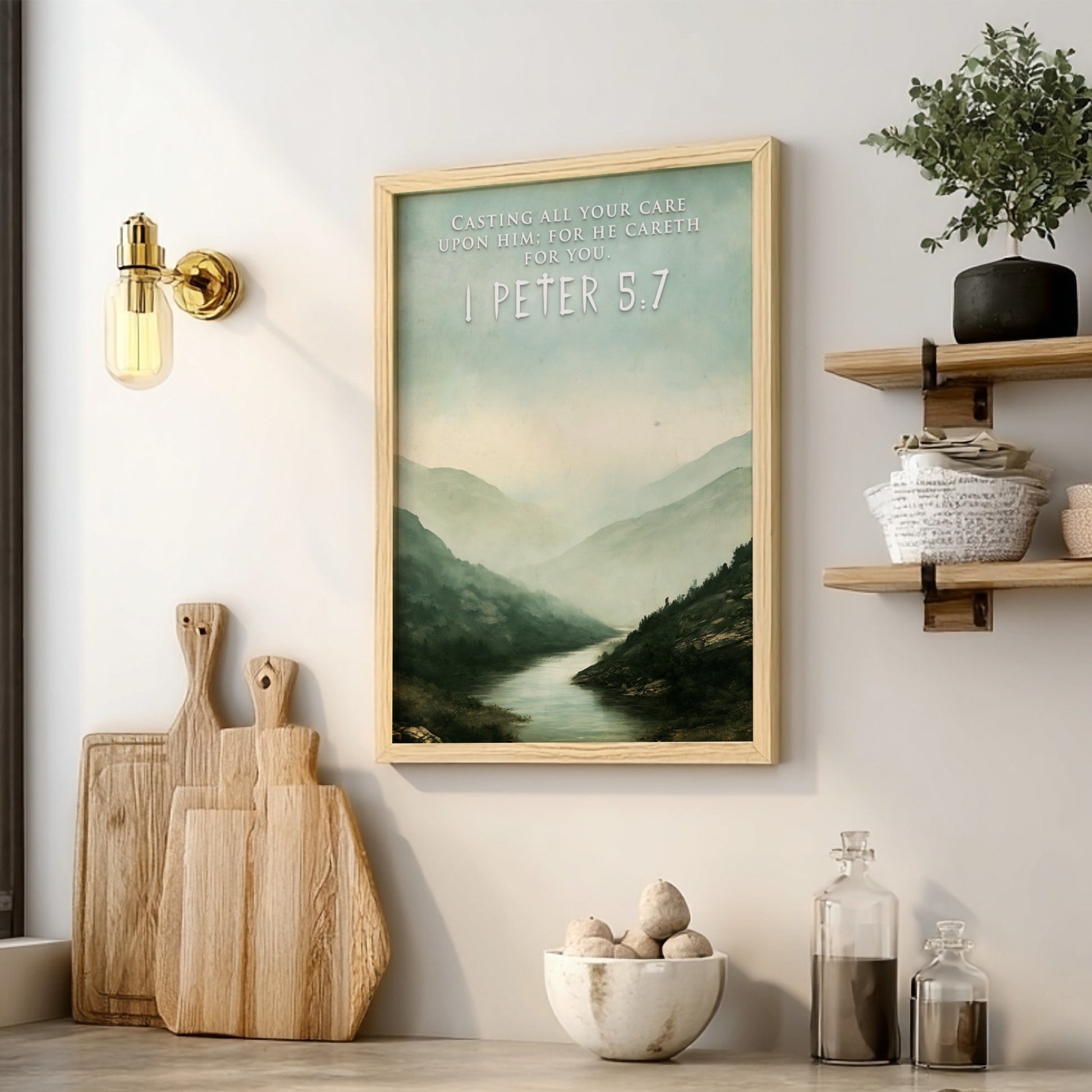 Poster featuring a misty mountain river landscape with the text 1 Peter 5:7 overlay