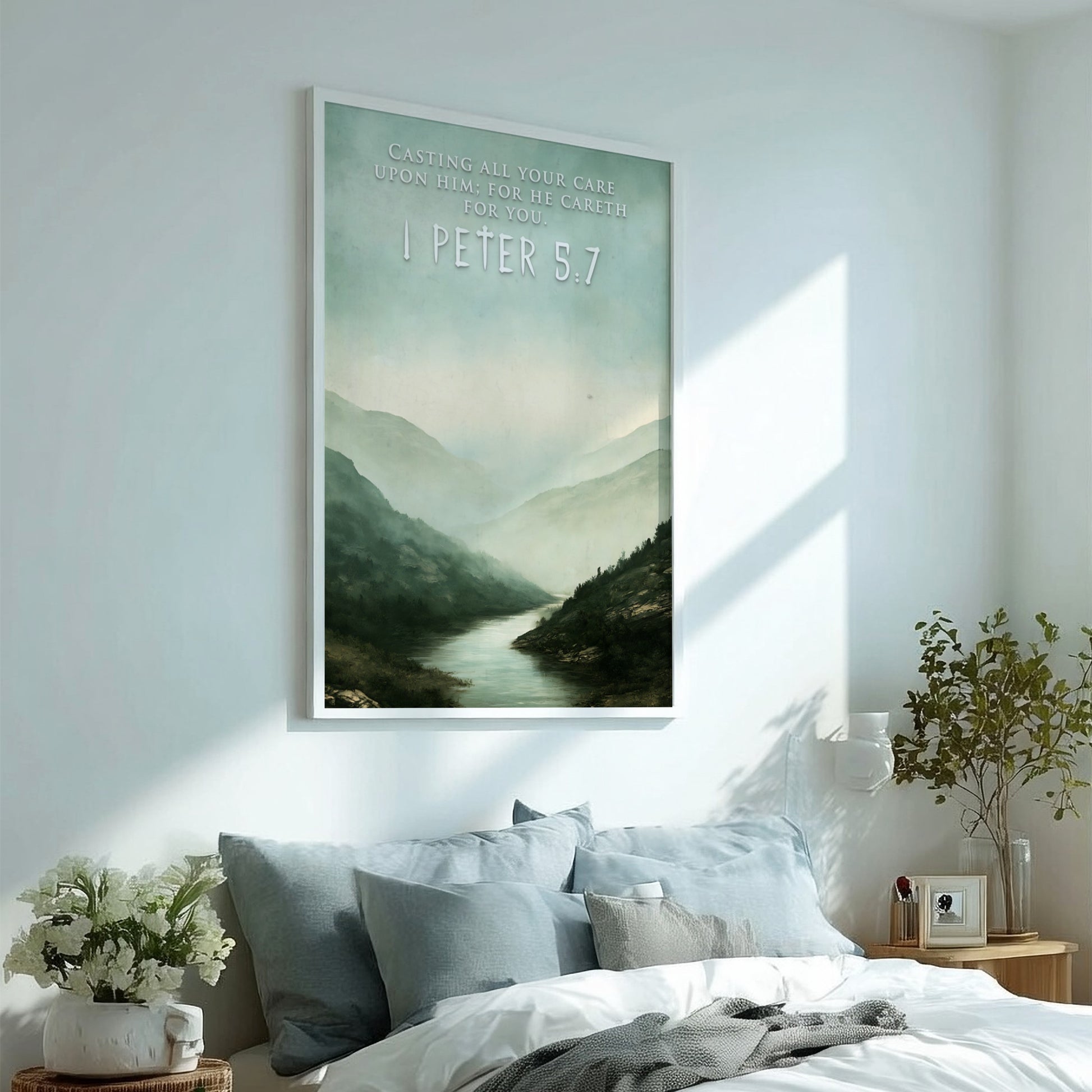 Poster featuring a misty mountain river landscape with the text 1 Peter 5:7 overlay