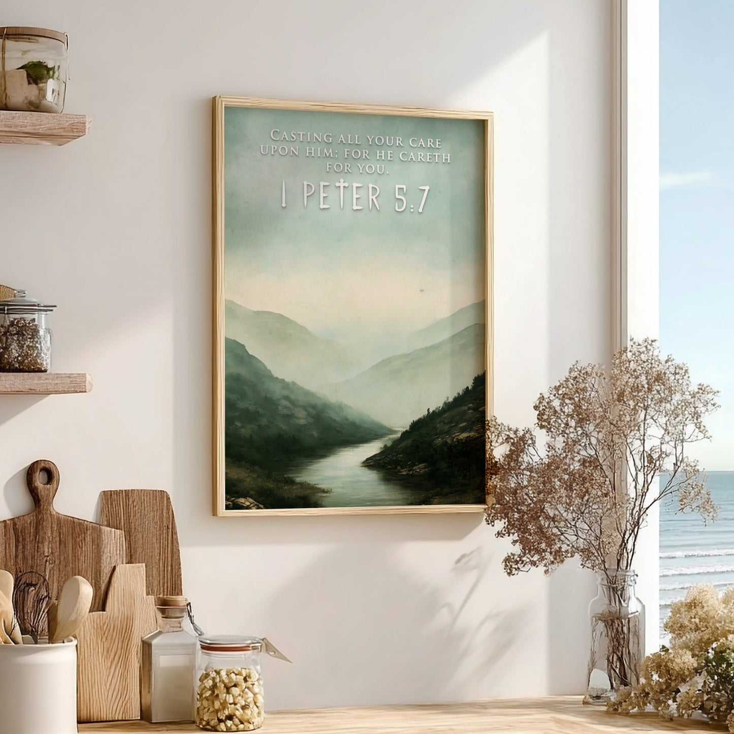 Poster featuring a misty mountain river landscape with the text 1 Peter 5:7 overlay