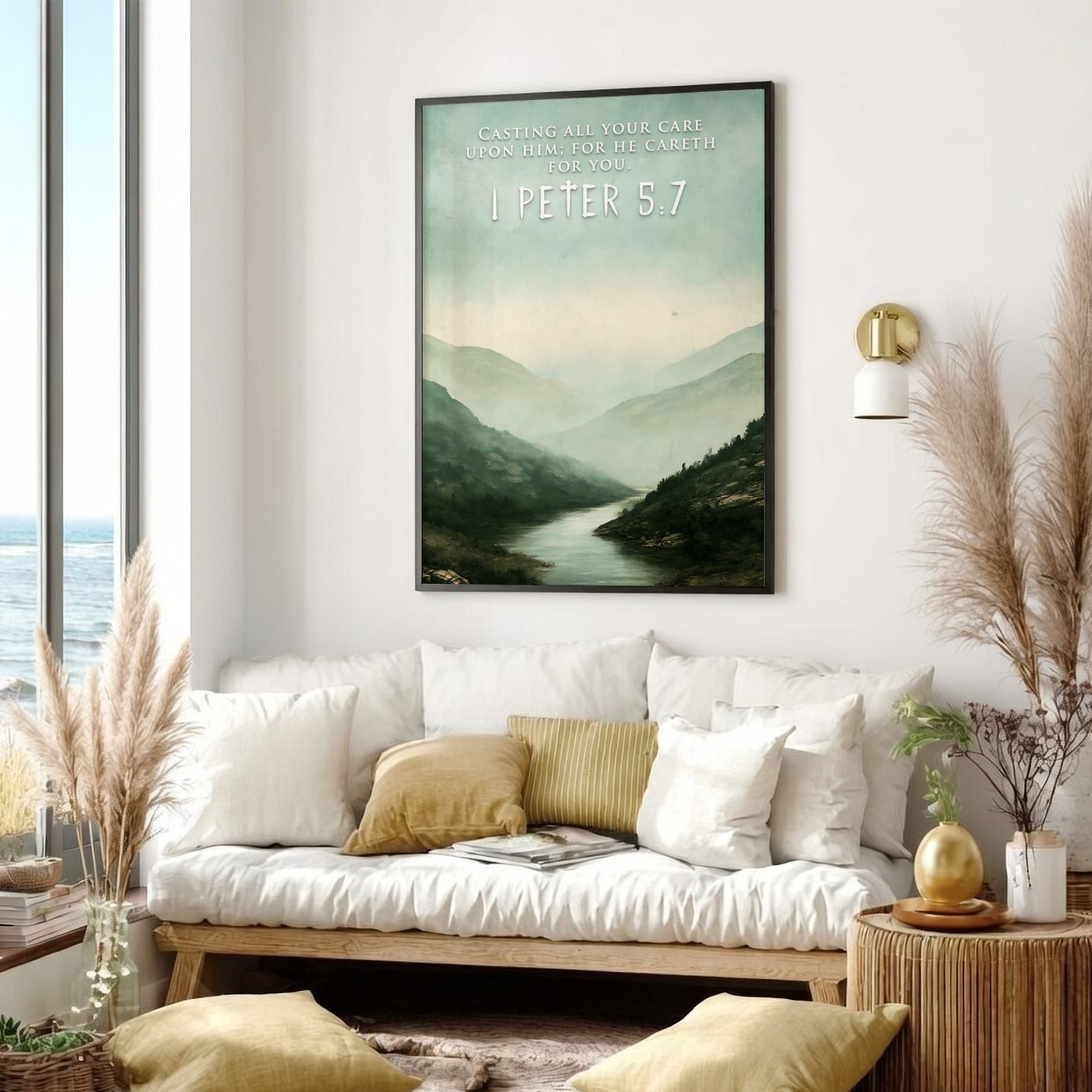 Poster featuring a misty mountain river landscape with the text 1 Peter 5:7 overlay