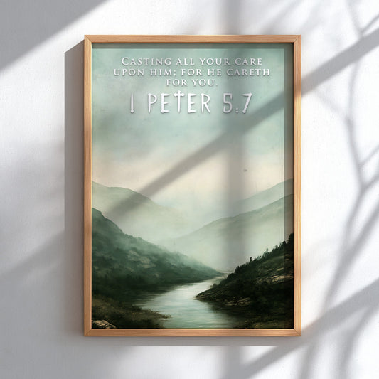 Poster featuring a misty mountain river landscape with the text 1 Peter 5:7 overlay