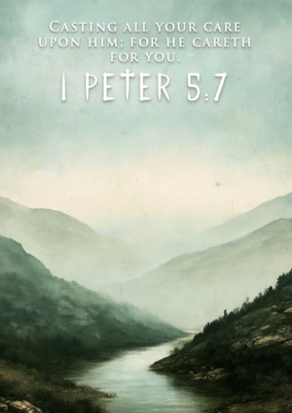 Poster featuring a misty mountain river landscape with the text 1 Peter 5:7 overlay