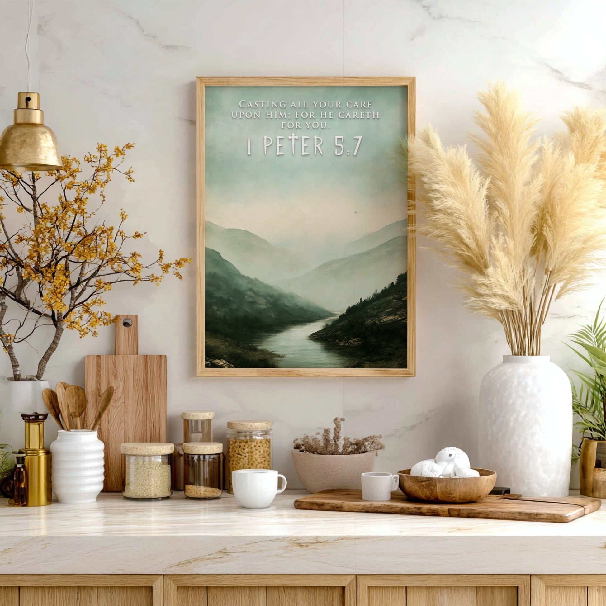 Poster featuring a misty mountain river landscape with the text 1 Peter 5:7 overlay