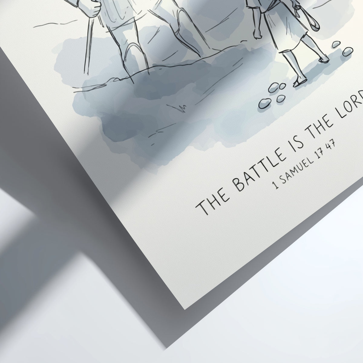 Poster featuring a soft blue illustration of David facing Goliath with biblical text below.