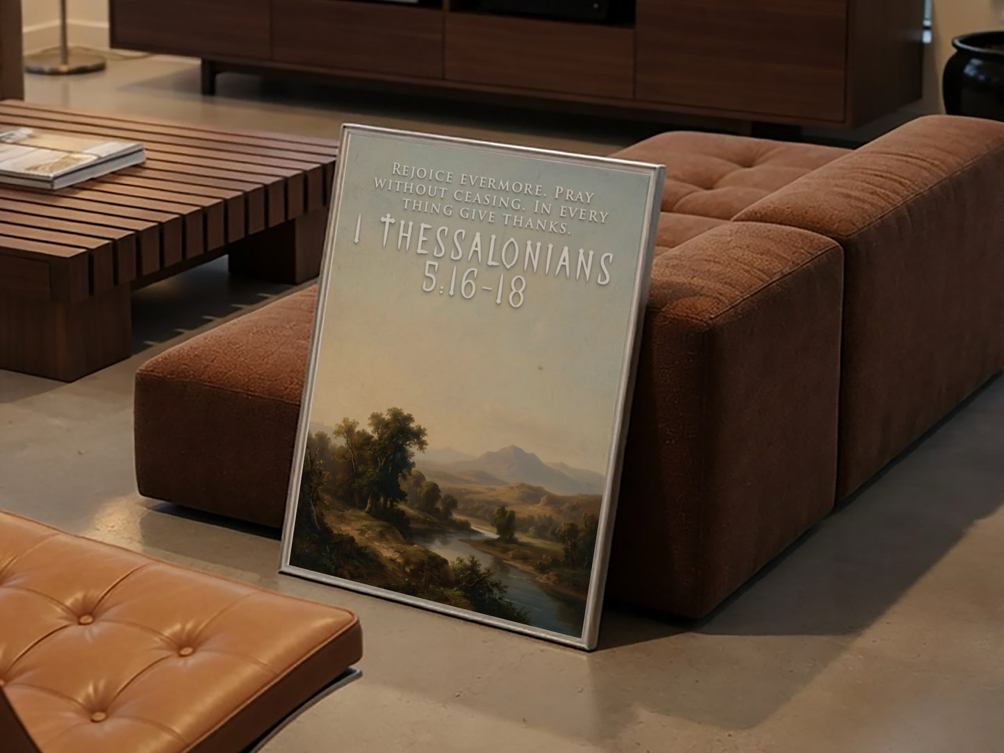 Poster featuring a tranquil river valley landscape with 1 Thessalonians 5:16-18 text overlay.