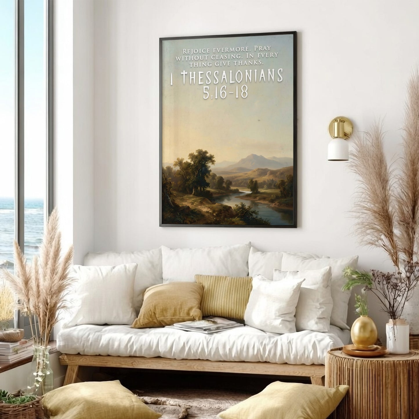 Poster featuring a tranquil river valley landscape with 1 Thessalonians 5:16-18 text overlay.