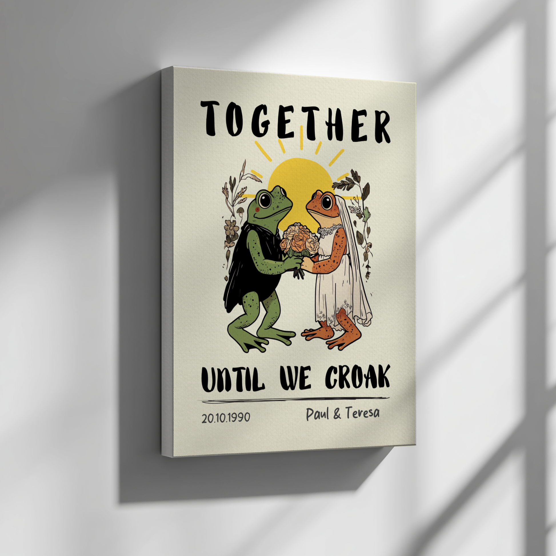 Canvas print with frogs in wedding attire and 'Together Until We Croak' text on a beige background.