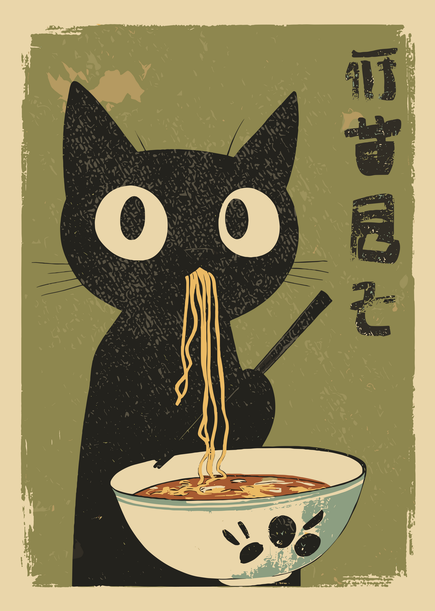Cute Hungry Cat Ramen Poster – Japanese Food & Kawaii Cat Wall Art - Multiple Clors