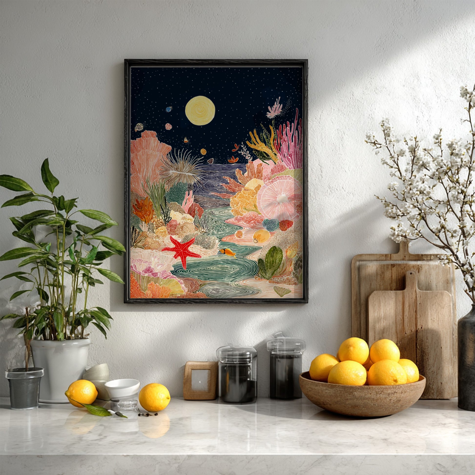 Tide Pool Midnight Blue wall art featuring a vibrant coral reef under a starry night sky with a moon