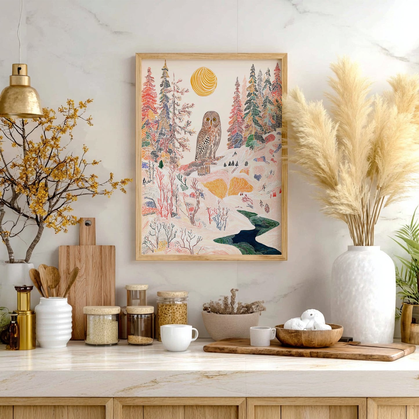 Pine Owl Indigo forest poster with an owl on a branch, stylized trees, and a winding river.